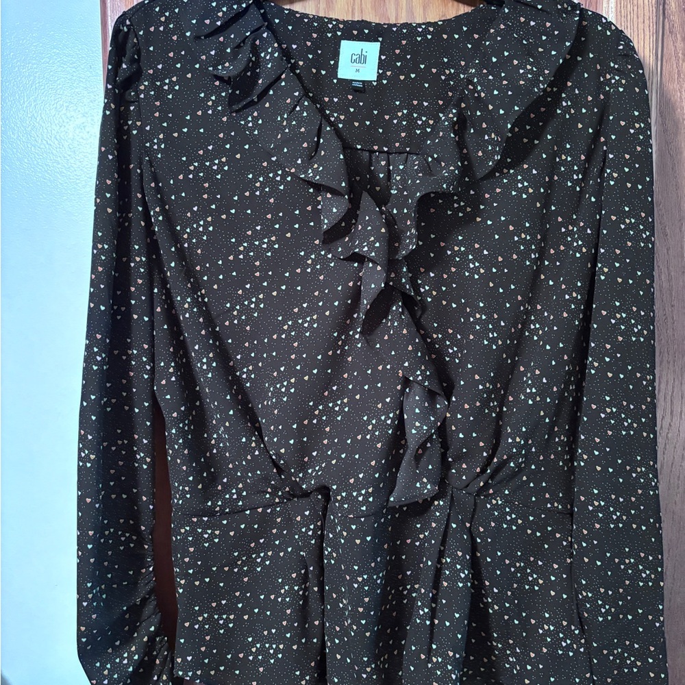 CAbi Eros Black Blouse with Hearts and Ruffles